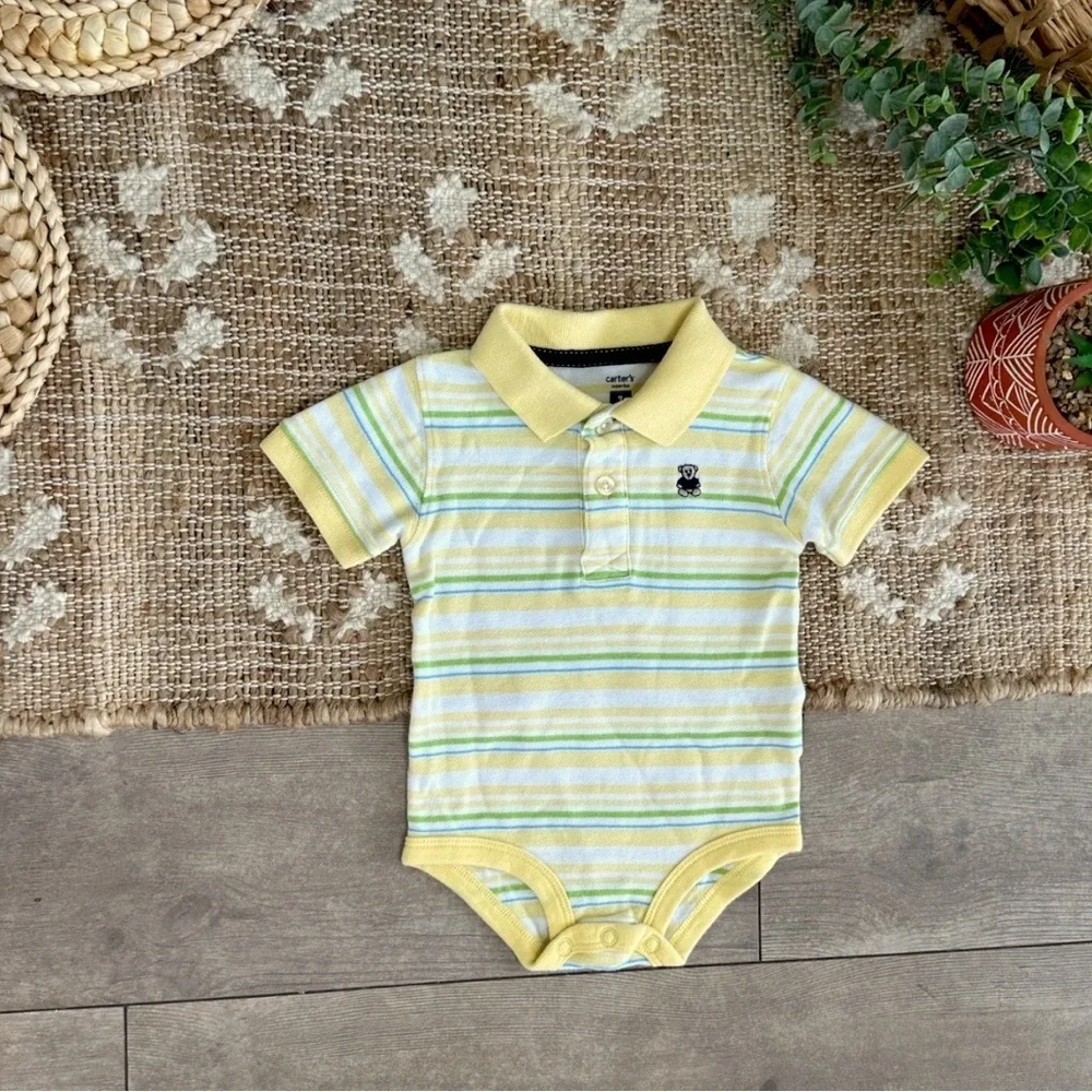 Y2K Carter’s Striped Collared Polo Outfit Teddy Bear Bodysuit 3 Months Baby Boy